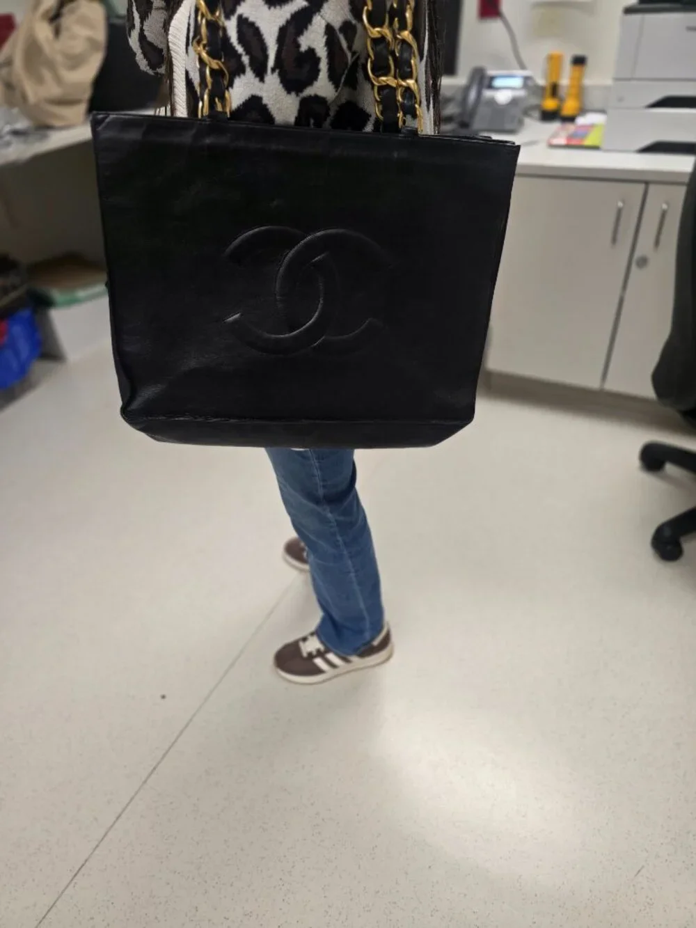 Vintage Chanel CC Chain Shopping Tote Bag Black Lambskin Gold Hardware